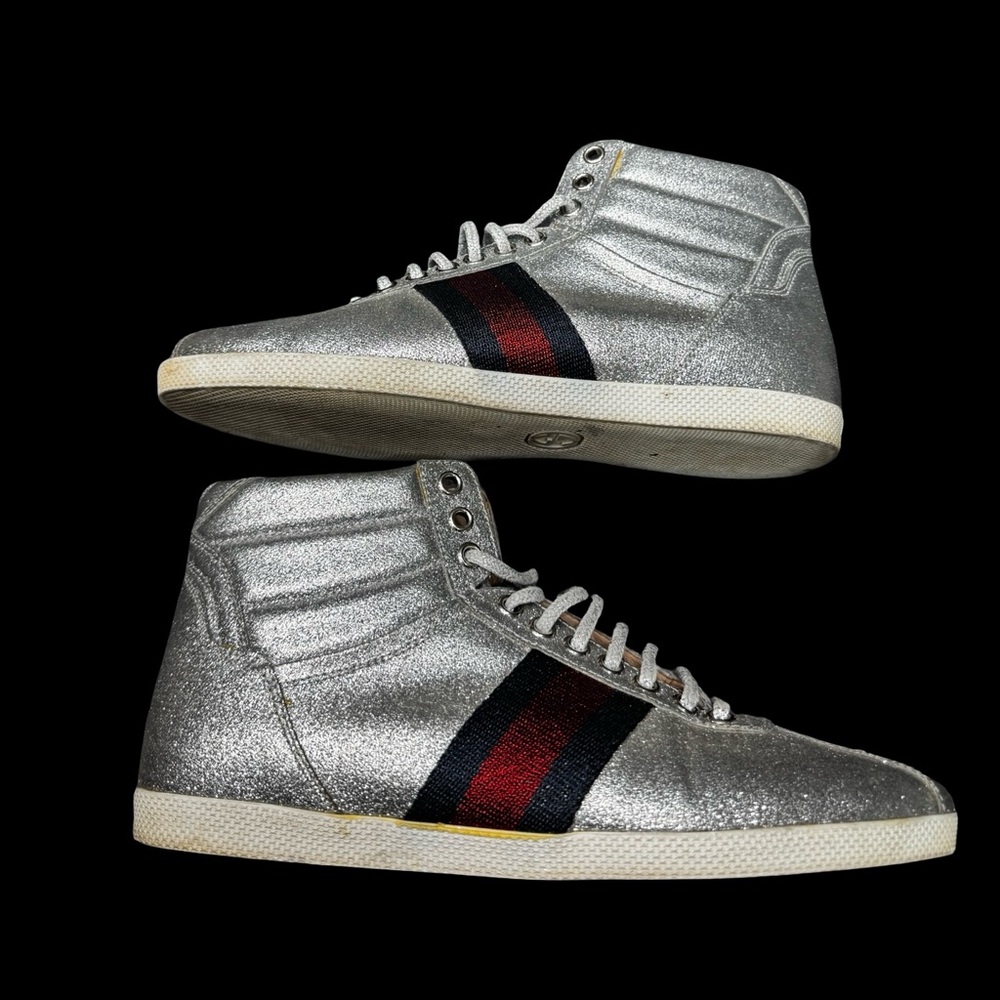 Gucci Bambi Silver Glitter High Top Sneakers EU38 Web Stripe Italy Luxury - Picture 7 of 9